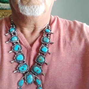 Vintage Navajo squash blossom  sterling with turquoise heavy signed IV